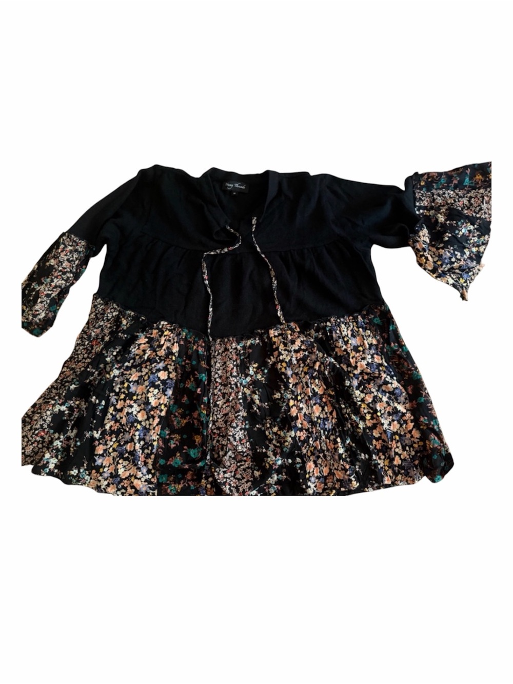 Women’s Black Floral Tie-Front Peasant Top